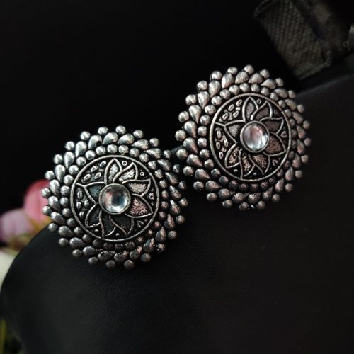 Lotus Design Oxidised Silver Plated Stud Earrings For Girls - Image 5