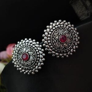 Lotus Design Oxidised Silver Plated Stud Earrings For Girls - Color: "Pink"