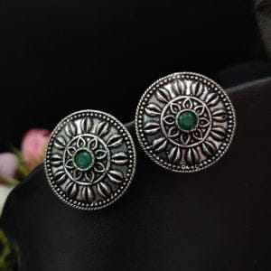 Casual Wear Oxidised Silver Plated Stud Earrings For Girls - Color: "Green"