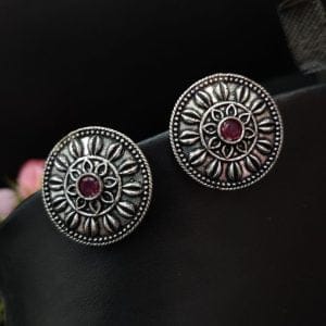 Casual Wear Oxidised Silver Plated Stud Earrings For Girls - Color: "Pink"