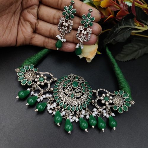 Premium Quality Silver Look Like Replica Choker Necklace Set with Drop Beads Work - Image 2
