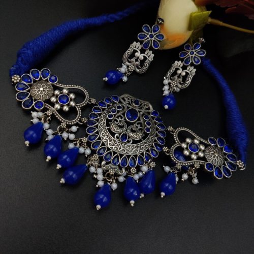 Premium Quality Silver Look Like Replica Choker Necklace Set with Drop Beads Work - Image 4