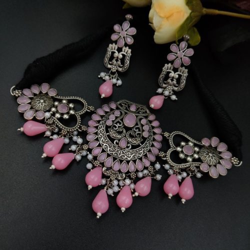 Premium Quality Silver Look Like Replica Choker Necklace Set with Drop Beads Work - Image 3