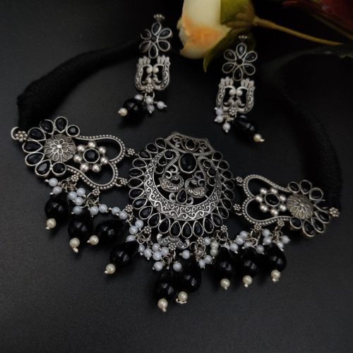 Premium Quality Silver Look Like Replica Choker Necklace Set with Drop Beads Work - Image 5
