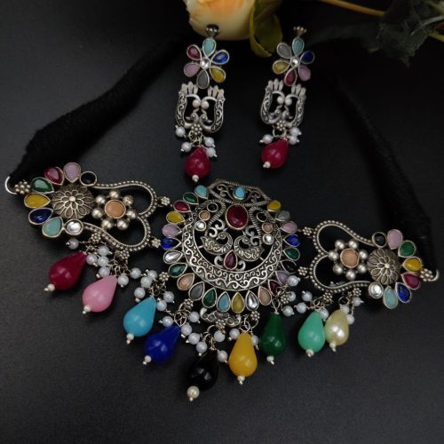 Premium Quality Silver Look Like Replica Choker Necklace Set with Drop Beads Work - Image 7
