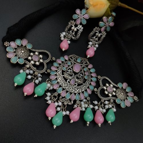 Premium Quality Silver Look Like Replica Choker Necklace Set with Drop Beads Work - Image 6
