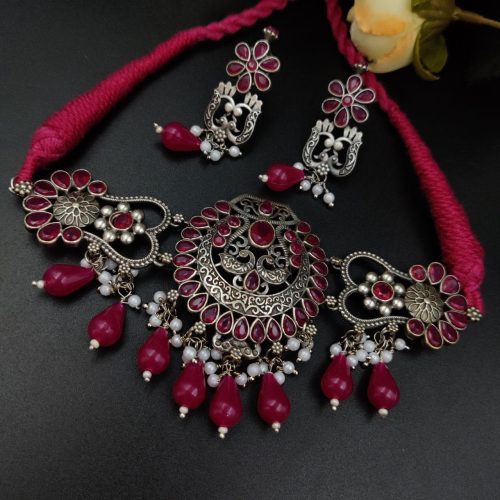 Premium Quality Silver Look Like Replica Choker Necklace Set with Drop Beads Work - Image 9