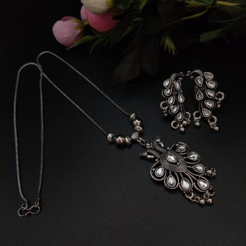 Premium Quality Stone Work Oxidised Peacock Pendent With Earrings - Image 18