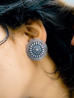 Round Floral Art Oxidised Plain Stud For Chiken Kari Kurti