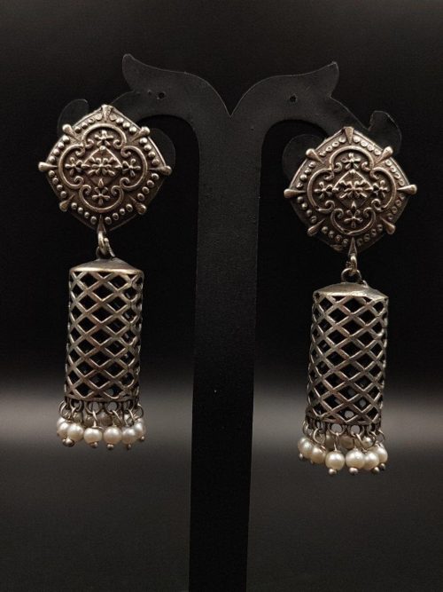 Silver Replica Long Jhumka Stud Earrings