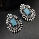 Silver Replica Elephant Studs | Affordable Oxidised Monalisa Stone Earrings - "Aqua"