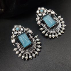 Silver Replica Elephant Studs | Affordable Oxidised Monalisa Stone Earrings
