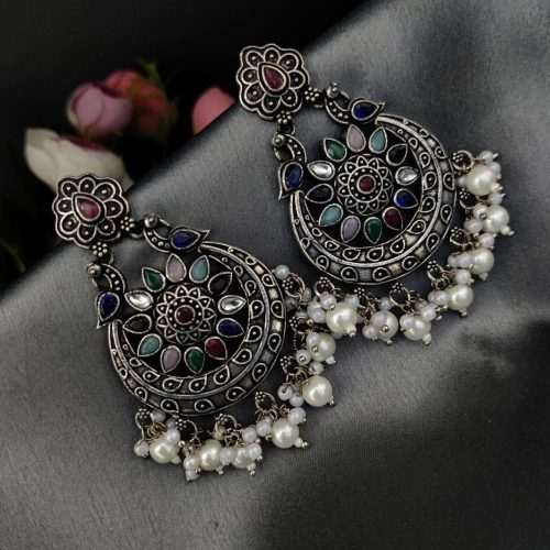 Oxidised Silver Plated Chand Baali Stone Work Dangler Earrings with Pearl Work - Image 2