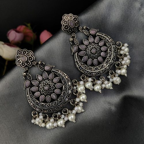 Oxidised Silver Plated Chand Baali Stone Work Dangler Earrings with Pearl Work - Image 3