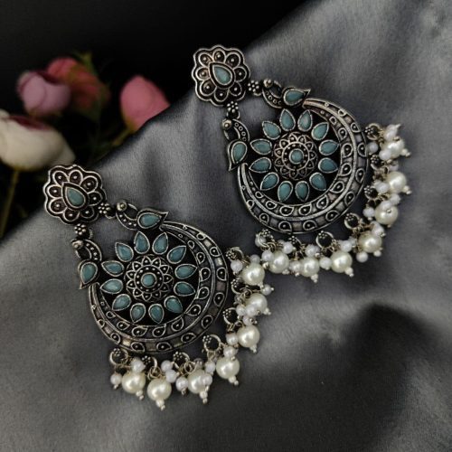 Oxidised Silver Plated Chand Baali Stone Work Dangler Earrings with Pearl Work - Image 4