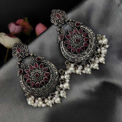 Oxidised Silver Plated Chand Baali Stone Work Dangler Earrings with Pearl Work - Image 5