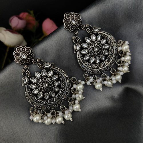 Oxidised Silver Plated Chand Baali Stone Work Dangler Earrings with Pearl Work - Image 6
