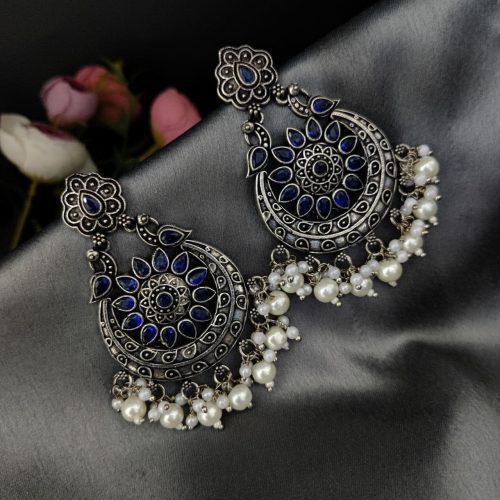 Oxidised Silver Plated Chand Baali Stone Work Dangler Earrings with Pearl Work - Image 7
