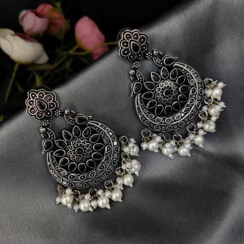 Oxidised Silver Plated Chand Baali Stone Work Dangler Earrings with Pearl Work - Image 9