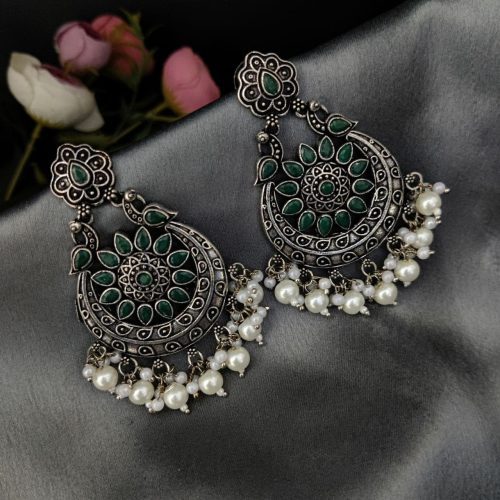 Oxidised Silver Plated Chand Baali Stone Work Dangler Earrings with Pearl Work - Image 10