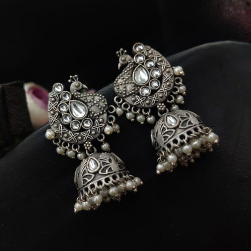 Intricate Oxidised Silver Replica Peacock Design Jhumka Earrings" - Image 8