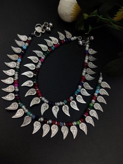 German Silver Oxidised Leaf Beads Anklet For Girls