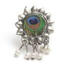 Oxidised German Silver Peacock Design Rings Pearl Beads Adjustable Size