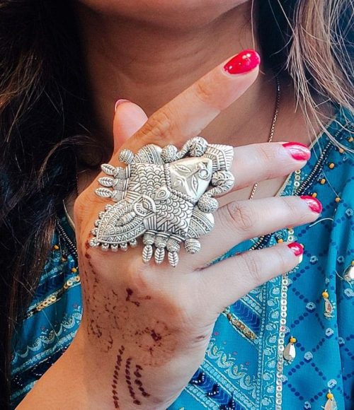 Oxidised German Silver Godress Durga Rings Adjustable Size