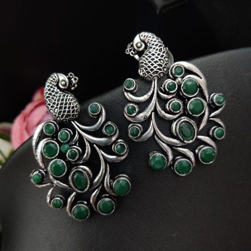 Premium Quality Oxidised Peacock Stone Stud Earrings - Image 14