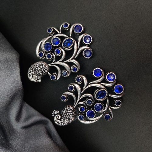 Premium Quality Oxidised Peacock Stone Stud Earrings - Image 13