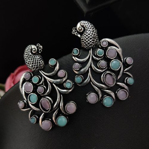 Premium Quality Oxidised Peacock Stone Stud Earrings - Image 10