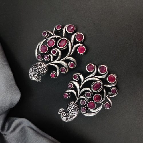 Premium Quality Oxidised Peacock Stone Stud Earrings - Image 9