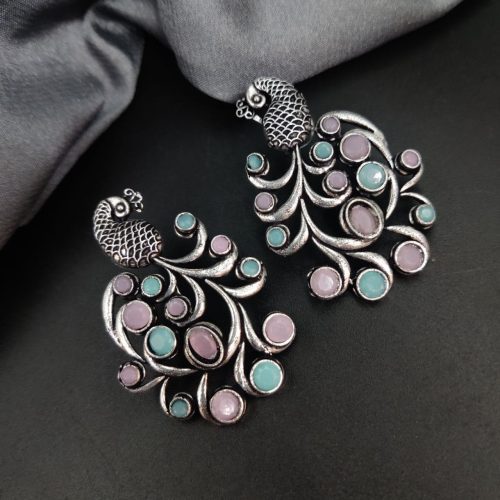 Premium Quality Oxidised Peacock Stone Stud Earrings - Image 6