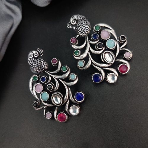 Premium Quality Oxidised Peacock Stone Stud Earrings - Image 4