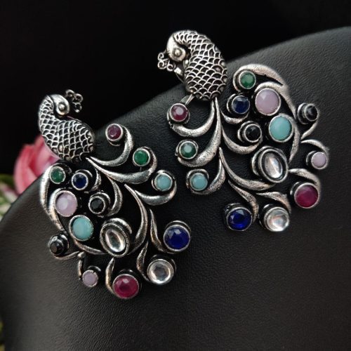 Premium Quality Oxidised Peacock Stone Stud Earrings - Image 3