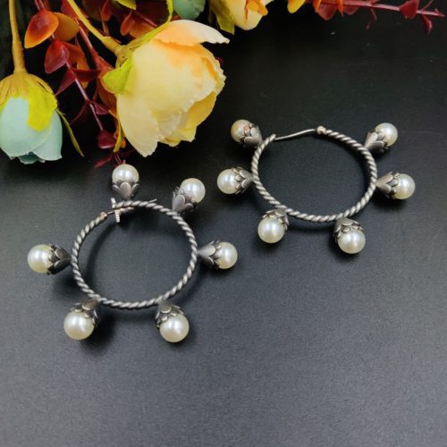 Silver Replica Antique Pearl Design Circle Hoop Earrings - Image 3