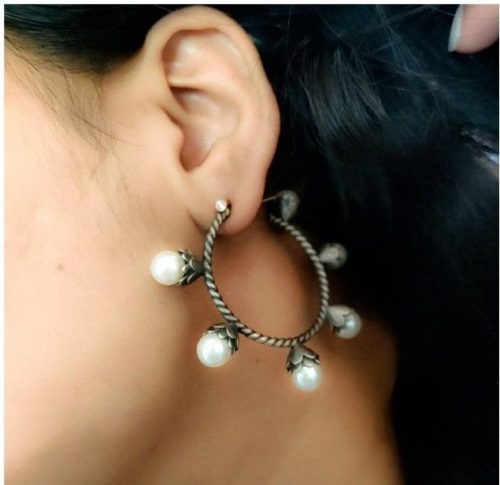 Silver Replica Antique Pearl Design Circle Hoop Earrings