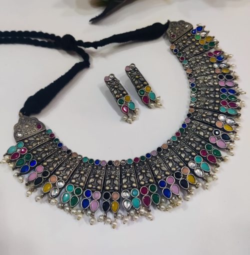 Designer Stone Work Oxidised Antique Choker Necklace with earrings - Image 17