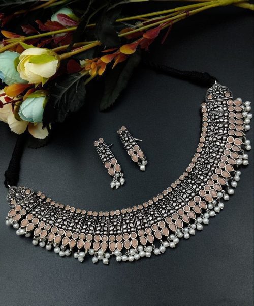 Designer Stone Work Oxidised Antique Choker Necklace with earrings - Image 11