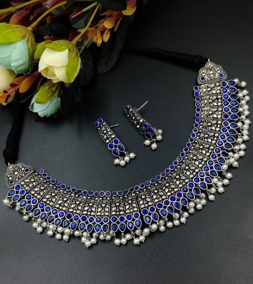 Designer Stone Work Oxidised Antique Choker Necklace with earrings - Image 9