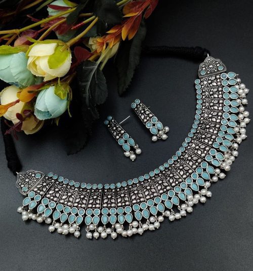Designer Stone Work Oxidised Antique Choker Necklace with earrings - Image 8