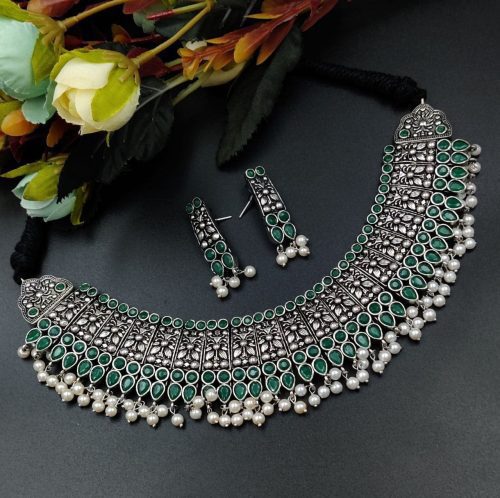 Designer Stone Work Oxidised Antique Choker Necklace with earrings - Image 7