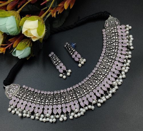 Designer Stone Work Oxidised Antique Choker Necklace with earrings