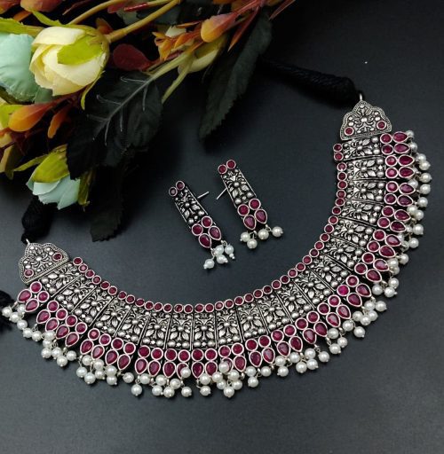Designer Stone Work Oxidised Antique Choker Necklace with earrings - Image 6