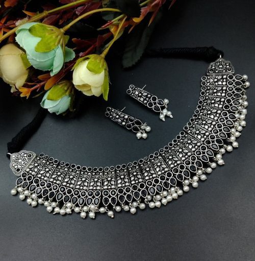 Designer Stone Work Oxidised Antique Choker Necklace with earrings - Image 4