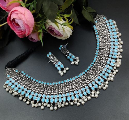 Designer Stone Work Oxidised Antique Choker Necklace with earrings - Image 3