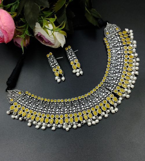 Designer Stone Work Oxidised Antique Choker Necklace with earrings - Image 2