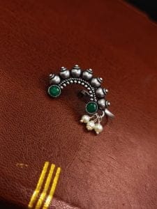Oxidised Marathi Nath - Affordable Silver Plated Press Nosepin - Color: "Green"