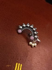 Oxidised Marathi Nath - Affordable Silver Plated Press Nosepin - Color: "BabyPink"