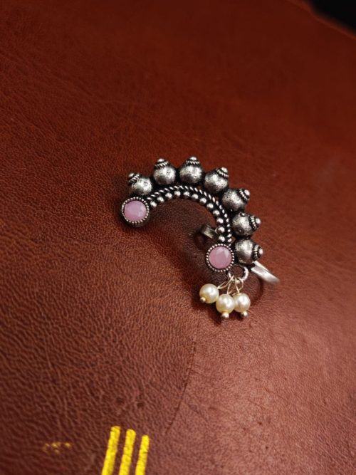Vintage Oxidized Silver Plated Marathi Nath Press Nosepin - Traditional Maharashtrian Jewelry